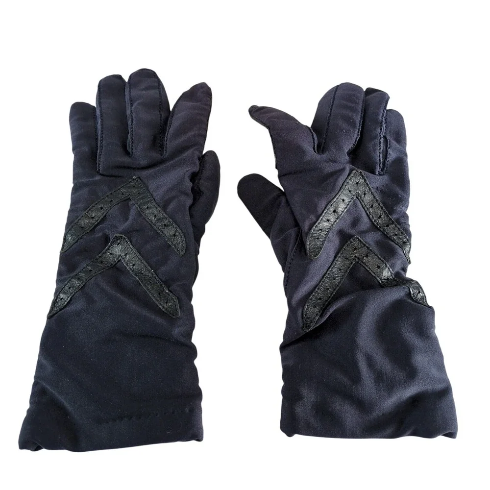 Vintage Isotoner Hands Beautiful Navy Stretch Gloves Long Cuff Leather‎ Trim OS
